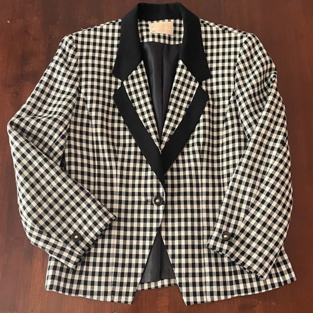 Vintage PENDLETON checkered business blazer black white 6 gold suit jacket wool
